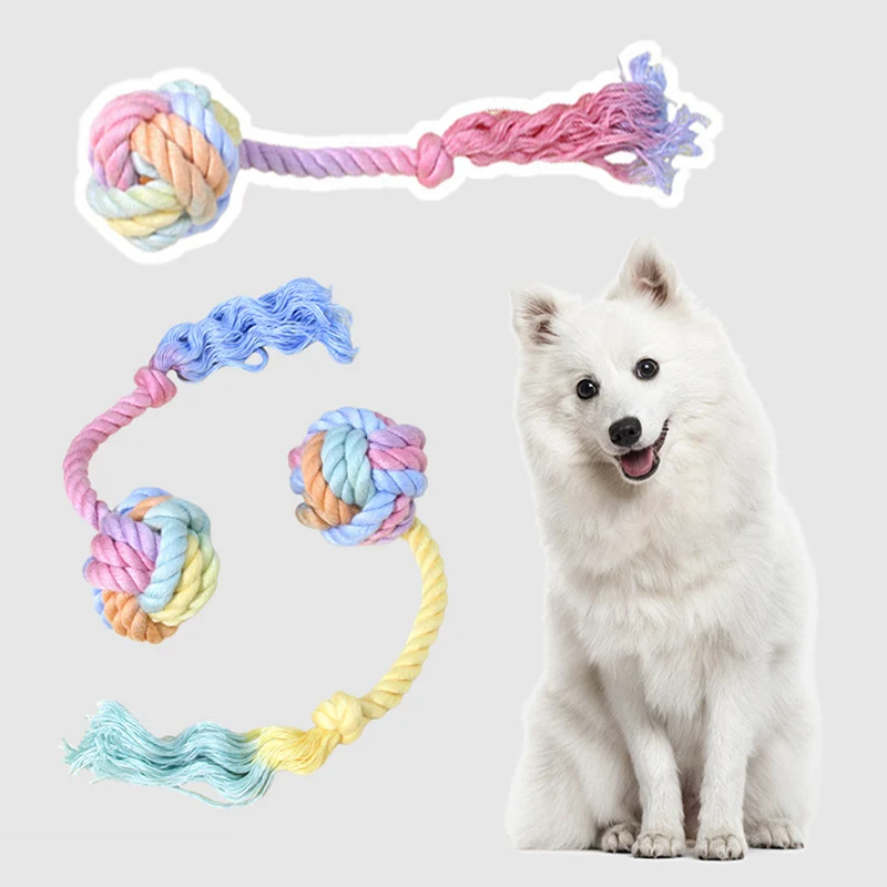 

Rainbow Gradient Knotted Rope Ball Dog Chew Toy Bite-Resistant Interactive Tug Toy for Teeth Cleaning Self-Play Pet Accessories