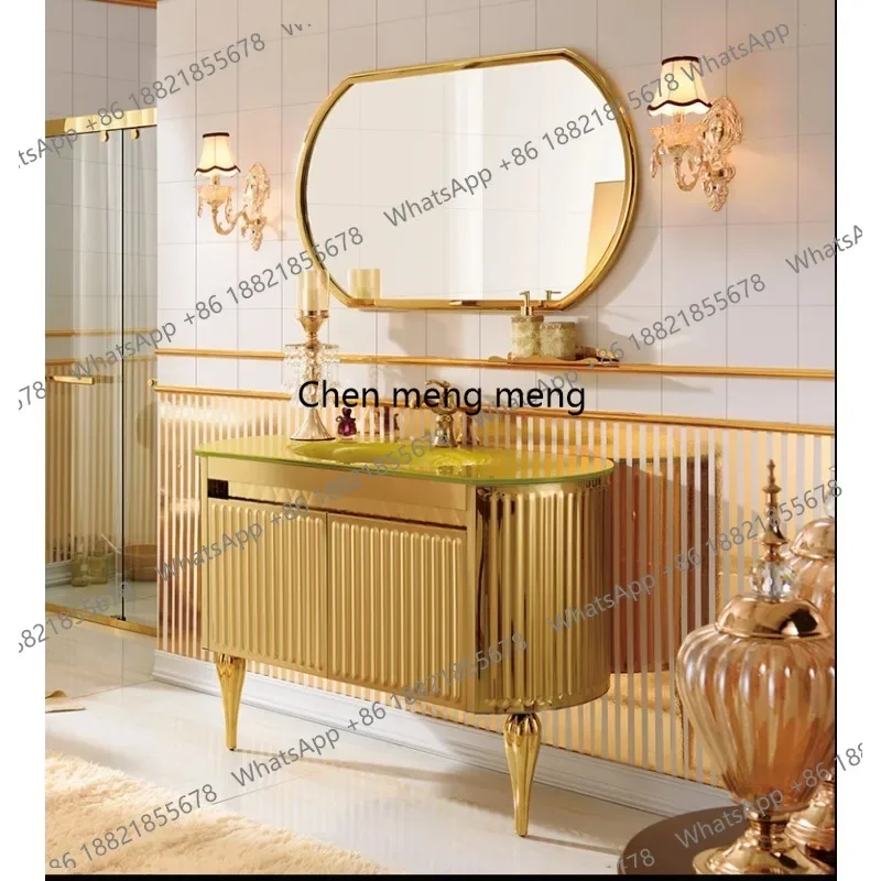 D1089 European style golden hand wash bathroom cabinet combination American bathroom cabinet stainless steel washstand floor was