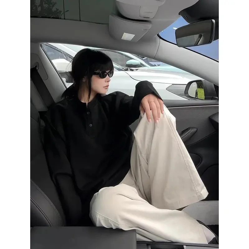 هينلي الرقبة العادية الكتف للجنسين البلوز الخريف النمط الأمريكي الجديد المرقعة تصميم كم طويل طبقة قاعدة أعلى