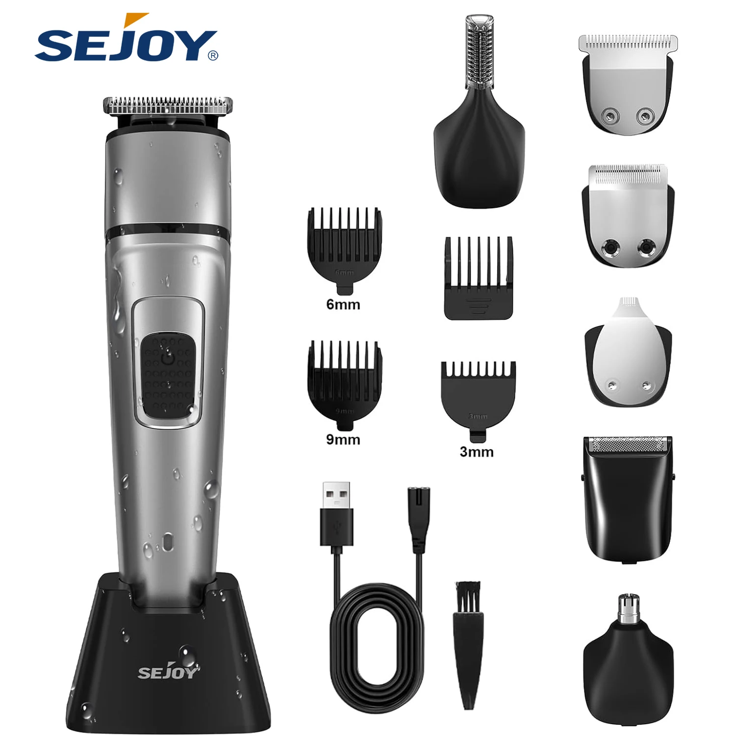 Sejoy 6 IN 1 Hair Trimmer for Men Electric Groin Hair Trimmer Cordless Beard Trimming Kit with Standing Charging Dock