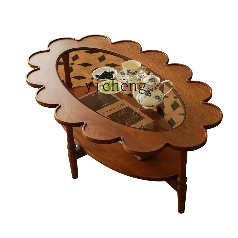 

TQH Huayang coffee table retro cherry wood small apartment medieval oval glass flower edge table