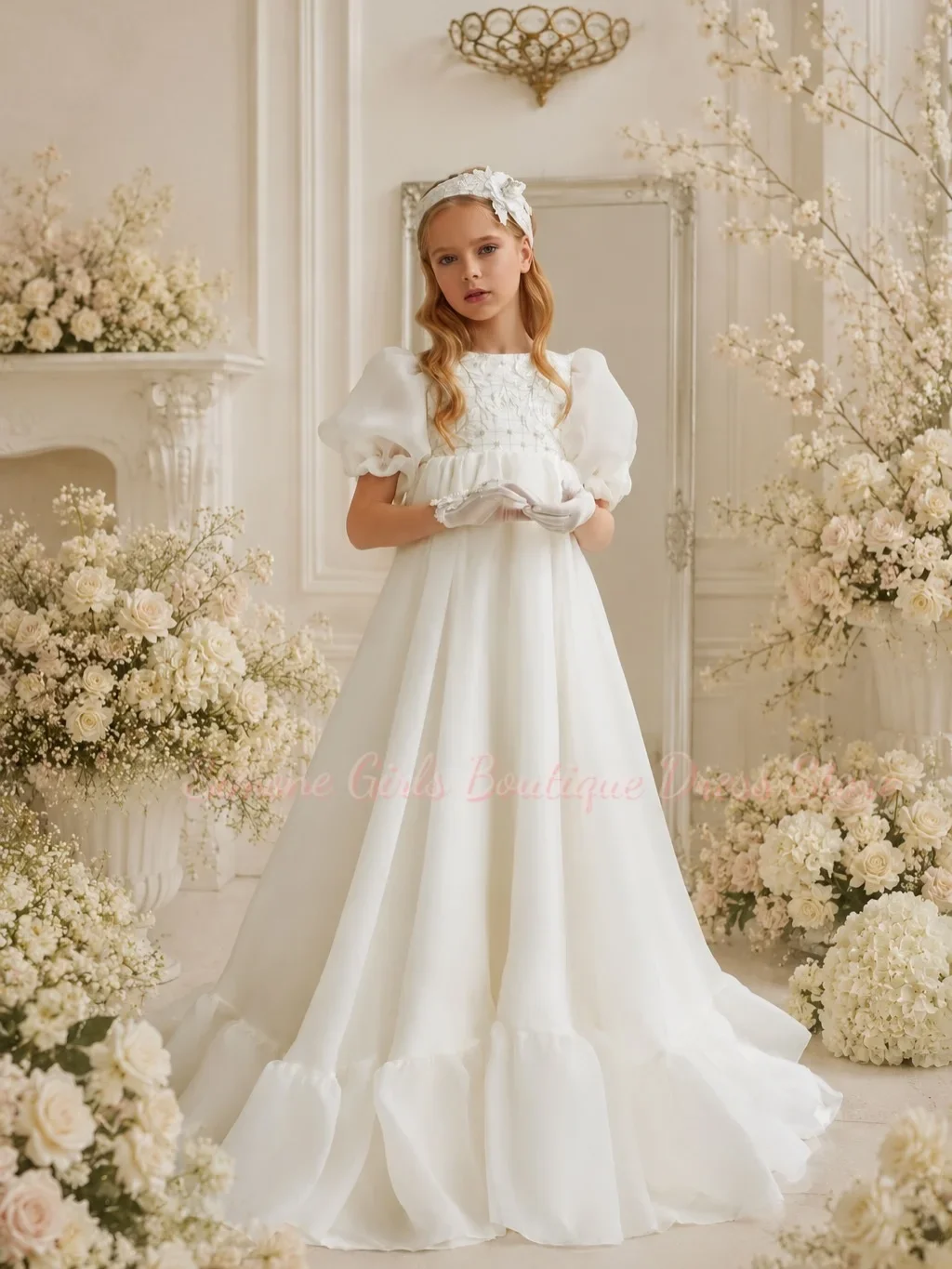 

Simone Flower Girls Dresses Vintage Ivory Puffy Appliques Short Sleeve For Wedding First Communion Gowns Infant Christening