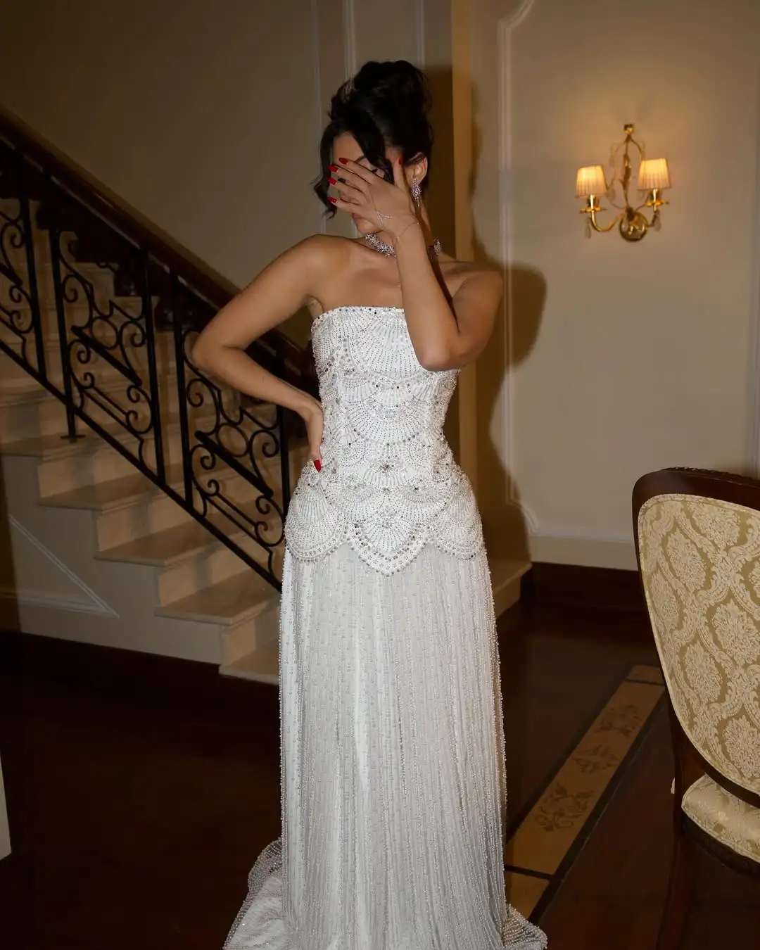 فستان سهرة فاخر بدون حمالات لامع مزين بالترتر وكشكشة مطرز بالخرز على شكل حرف A بطول الأرض فستان زفاف رسمي للحفلات #1