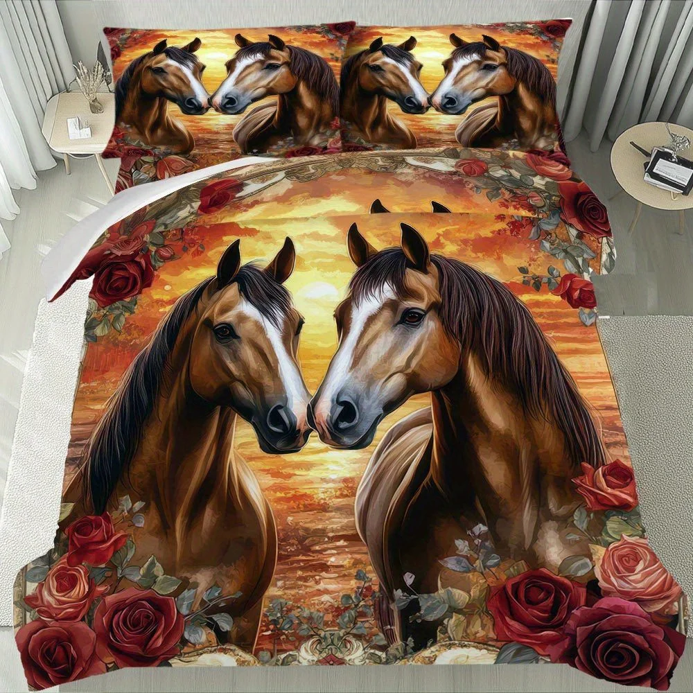 

2/3pcs Elegant Horse and Rose Duvet Cover Set - Vibrant Sunset Design with Two Galloping Horses, Red Roses & Golden Accents