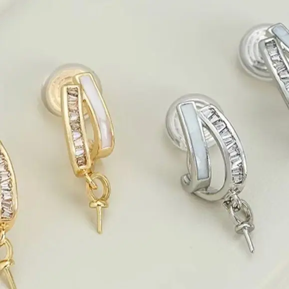 

14K Gold-plated Oil-dripping C-shaped Ear Clips Zirconium Pearl Hanging Empty Incense Tray Handcrafted Diy Earrings Accessory