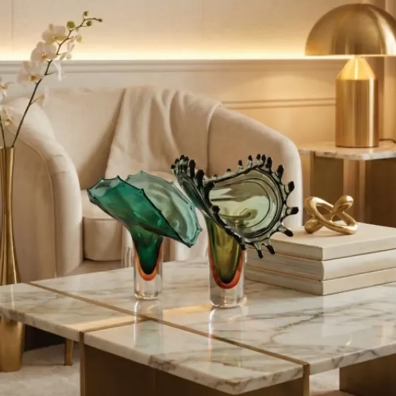 Hand Blown Murano Glass Vase Green Amber Sculptural Art Piece Luxury Home Decor Centerpiece for Wedding Table Modern Interior