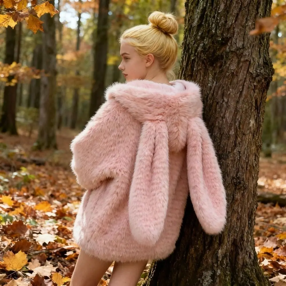 

Long Sleeve Imitation Lamb Wool Hoodie Thick Warm Winter Autumn Cardigans Women Y2K Kawaii Ladies Top Rabbit Ear Hoodie