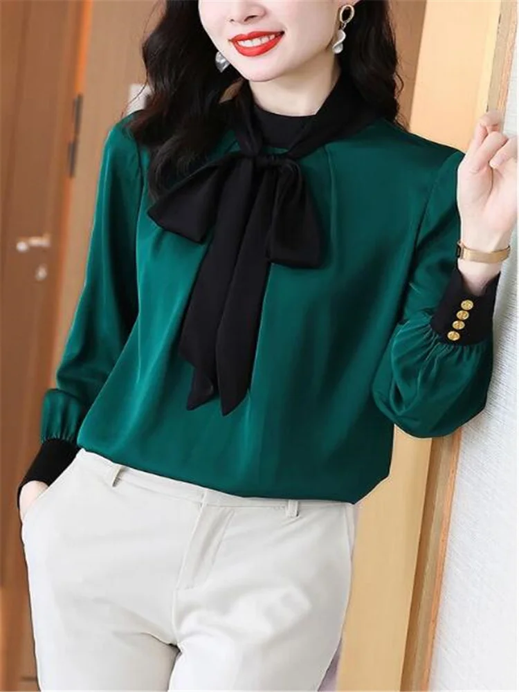 Wiosna letnie bluzki kobiety koszula zielony sweter wstążka szalik jedwabna koszula dla kobiet zmniejszenie kontrast wstążka jedwab jedwabna koszula