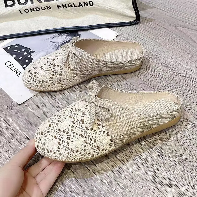 Neue Damen Sommer Spitze Baotou flache Sohle Leinen Hausschuhe weiche Sohle rutsch feste atmungsaktive Home Slipper Outdoor Slipper Lazy Slipper