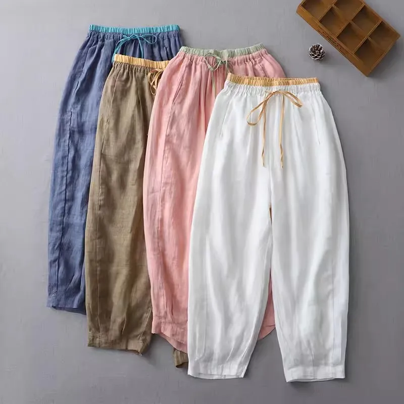 

2024 New Japan Style Vintage Cotton Women Harem Pants Solid Elastic Waist Wide Leg Pants High Quality Female Loose Trousers