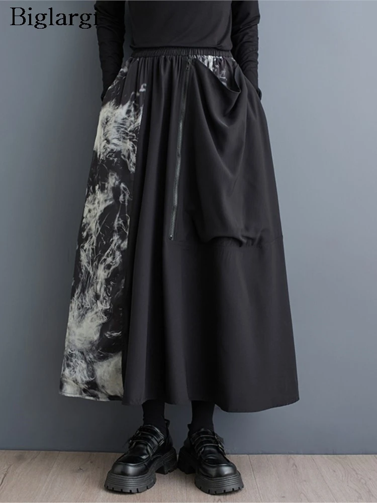 

Большие размеры, весенне-осенняя длинная юбка в стиле пэчворк с принтом, женские повседневные женские юбки Modis с высокой талией, свободная женская юбка