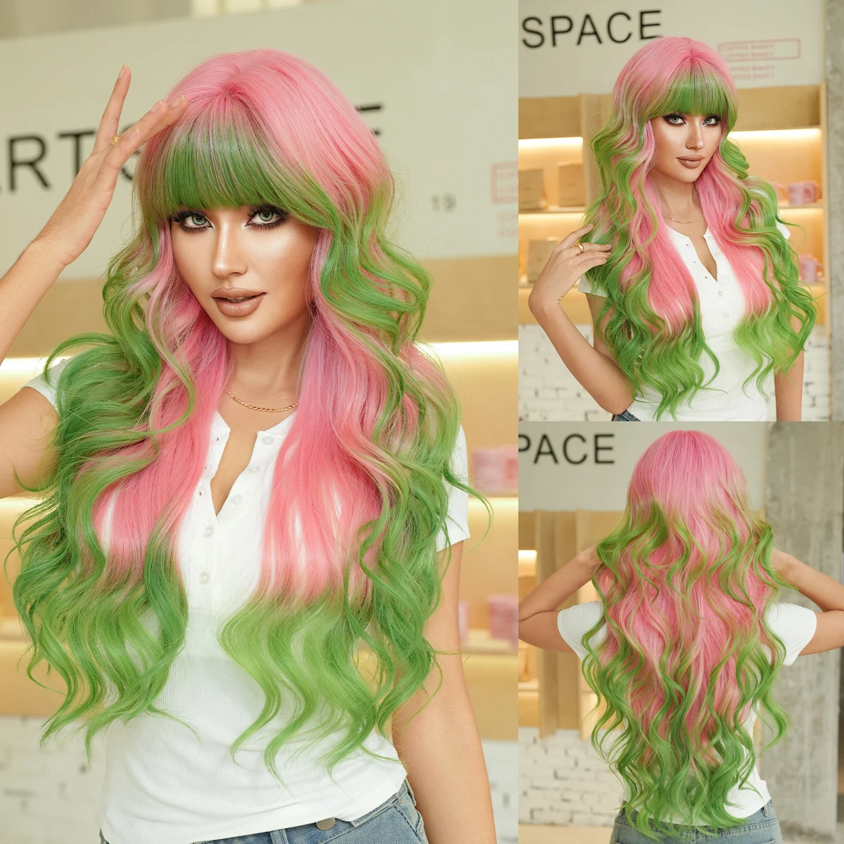 

NAMM Long Pink Wave Wig For Women Elegant Fluffy Curly Wigs With Gradient Green, Silk Synthetic Heat-Resistant Fiber Hairpiece