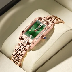 POEDAGAR-Montre de luxe carrée pour femme, bracelet en acier inoxydable diamant, montres à quartz étanches pour femme, horloge verte, marque