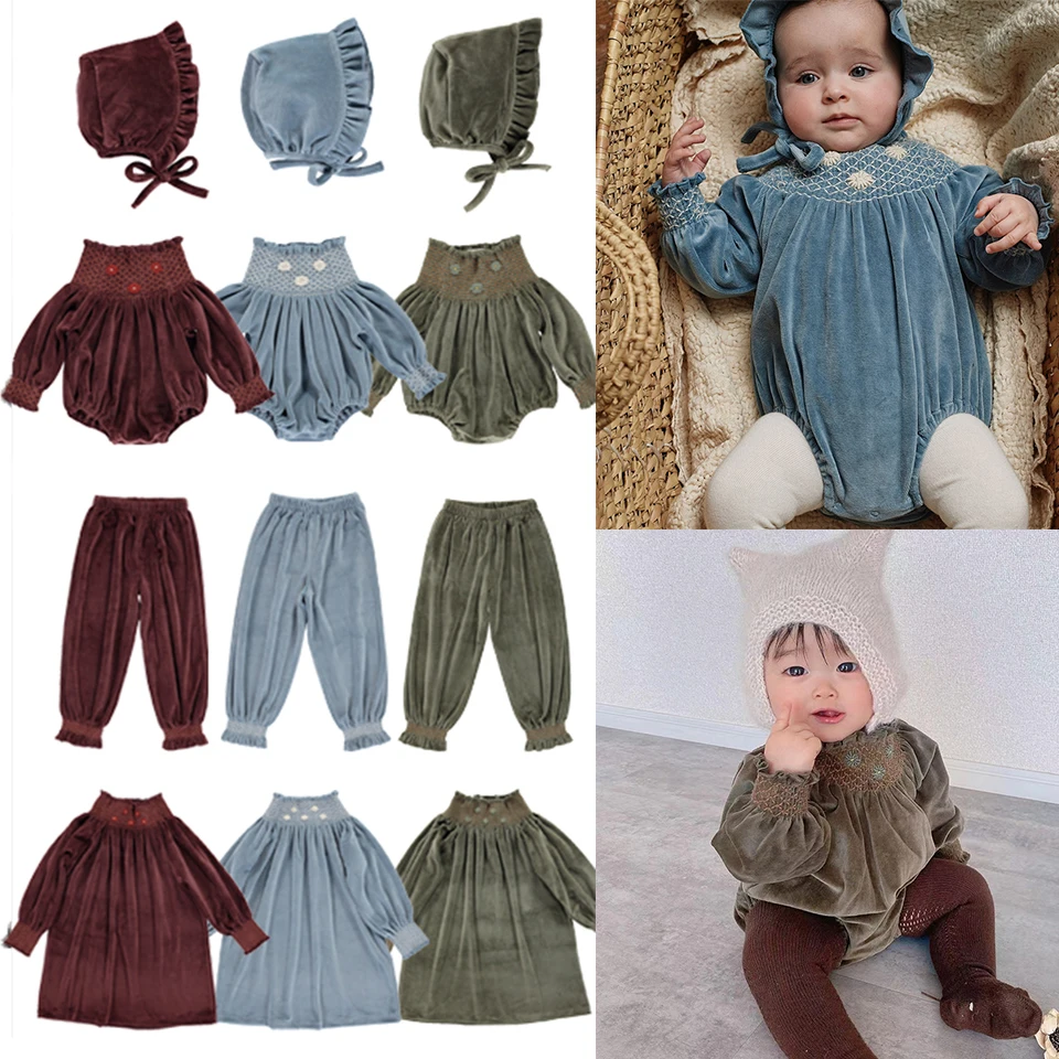 Winter Bodysuit for Newborns BEBE Kids Baby Long Sleeve Pants Romper Cap Suit Corduroy Velvet Embroidered Collar Infant Clothes