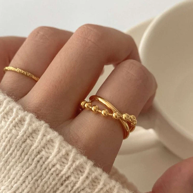 

Faionable Retro Gold Plated Titanium Steel Double Layer Chain Bead Ring for Women Simple Personalized Jewelry Accory
