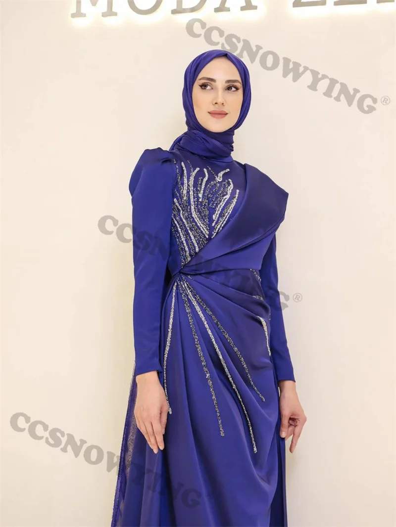 Gaun malam Hijab Muslim lengan panjang applique Satin manik-manik Islami wanita gaun pesta Formal Arab Saudi jubah De Soiree