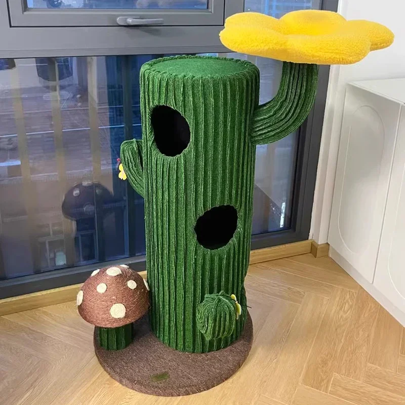 Green Plants Large Cat Trees Tower Cactus Scratching Post Multi-level Hiding House Climbing Set Games Cat Toys Training Supplies