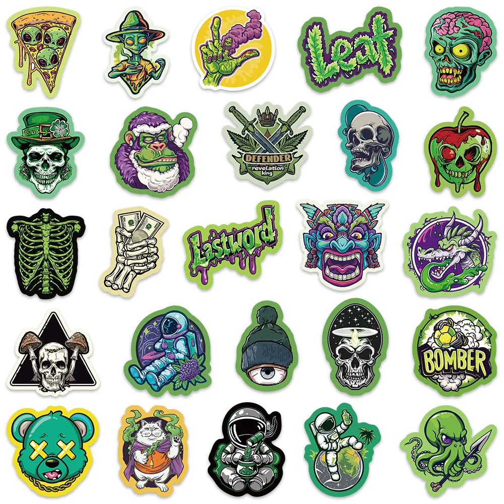 50pcs Cartoon Psychedelic Hippie Green Leaves Stickers Waterproof Graffiti Luggage Phone Skateboard Guitar Laptop Decals