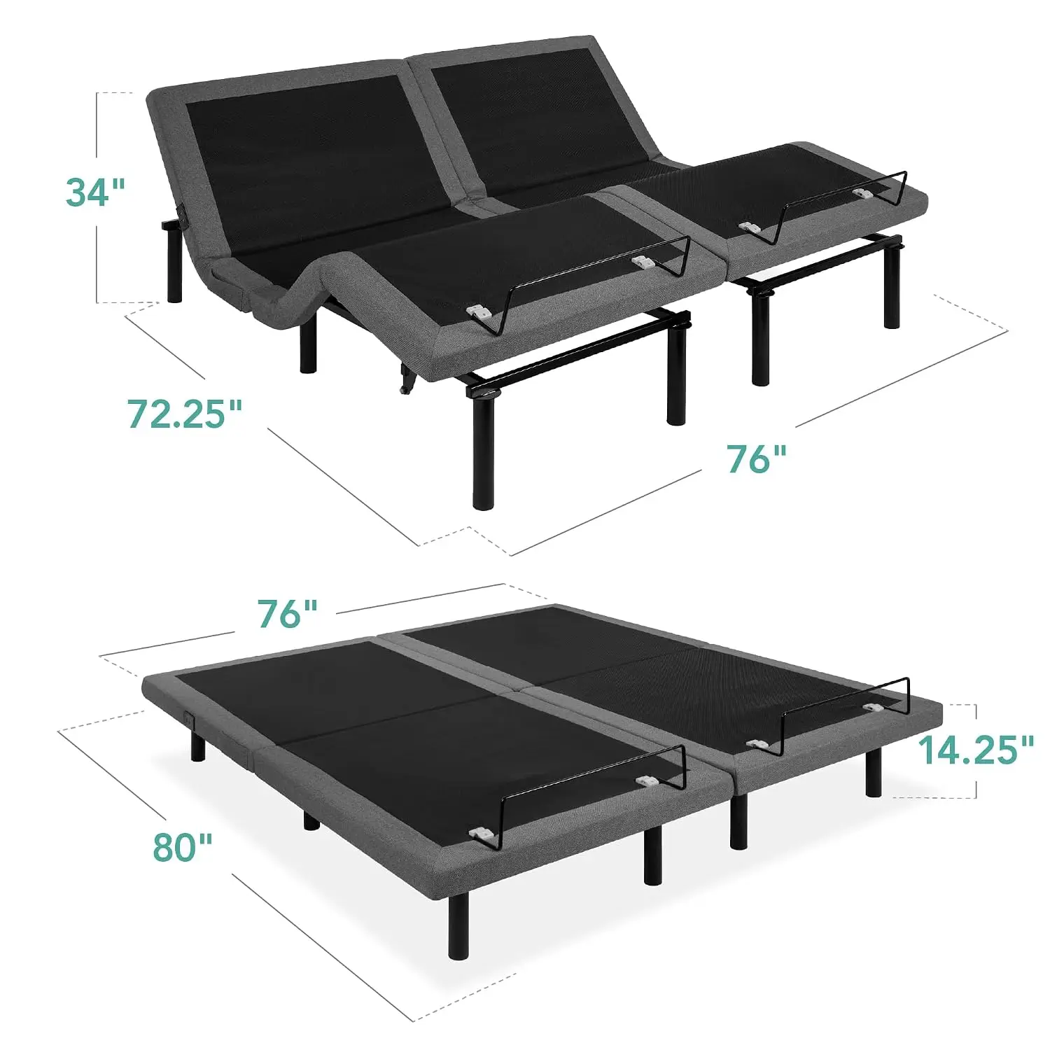 Ergonomic Split King Adjustable Bed Frame Electric Base w/Wireless Remote Nightlight Massager 2 USB Ports, Customized