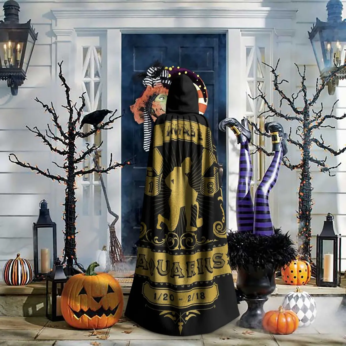 علامة زودياك الدلو الذهبي 1996 عباءة طويلة مقنعين الساحرة القرون الوسطى زي تأثيري كيب هالوين معطف الكبار للجنسين #6