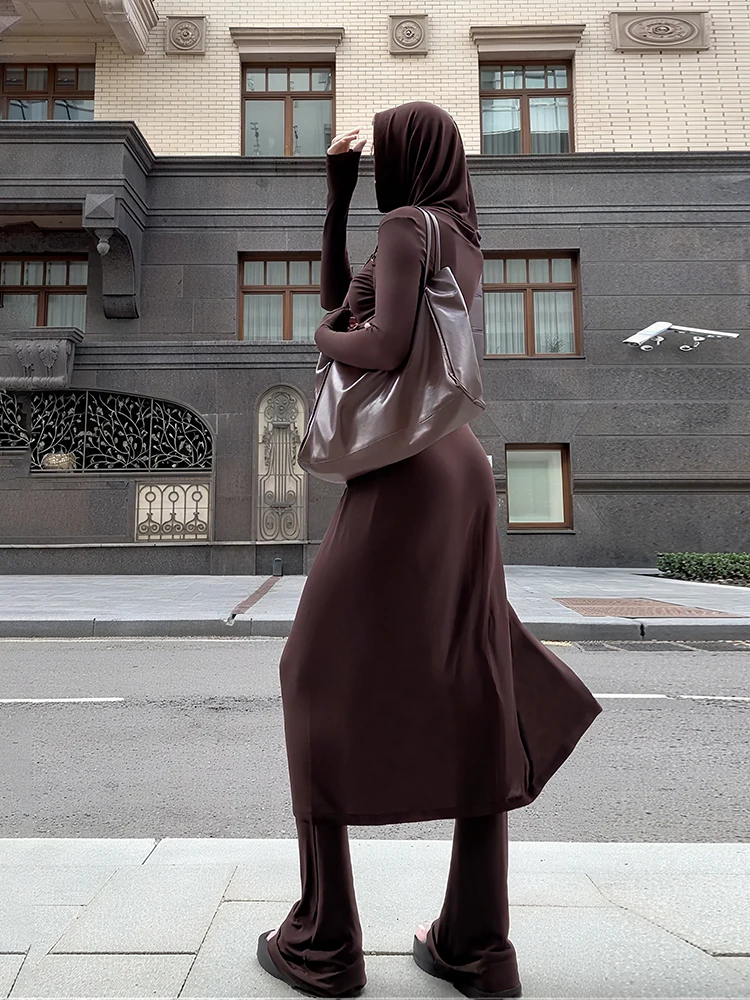 

Macheda High Street Autumn Style 2 Piece Set Woman Hooded Full Sleeve Splits Long Dresses+High Waist Flare Pants Fashion Suits