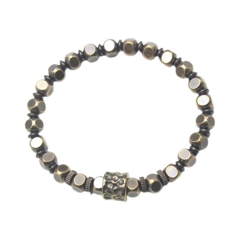 Meteorite Pattern Solid Pure Brass Bracelet Men's Old Retro Color-free Original Personalized Square Bead Pure Copper Bracelet