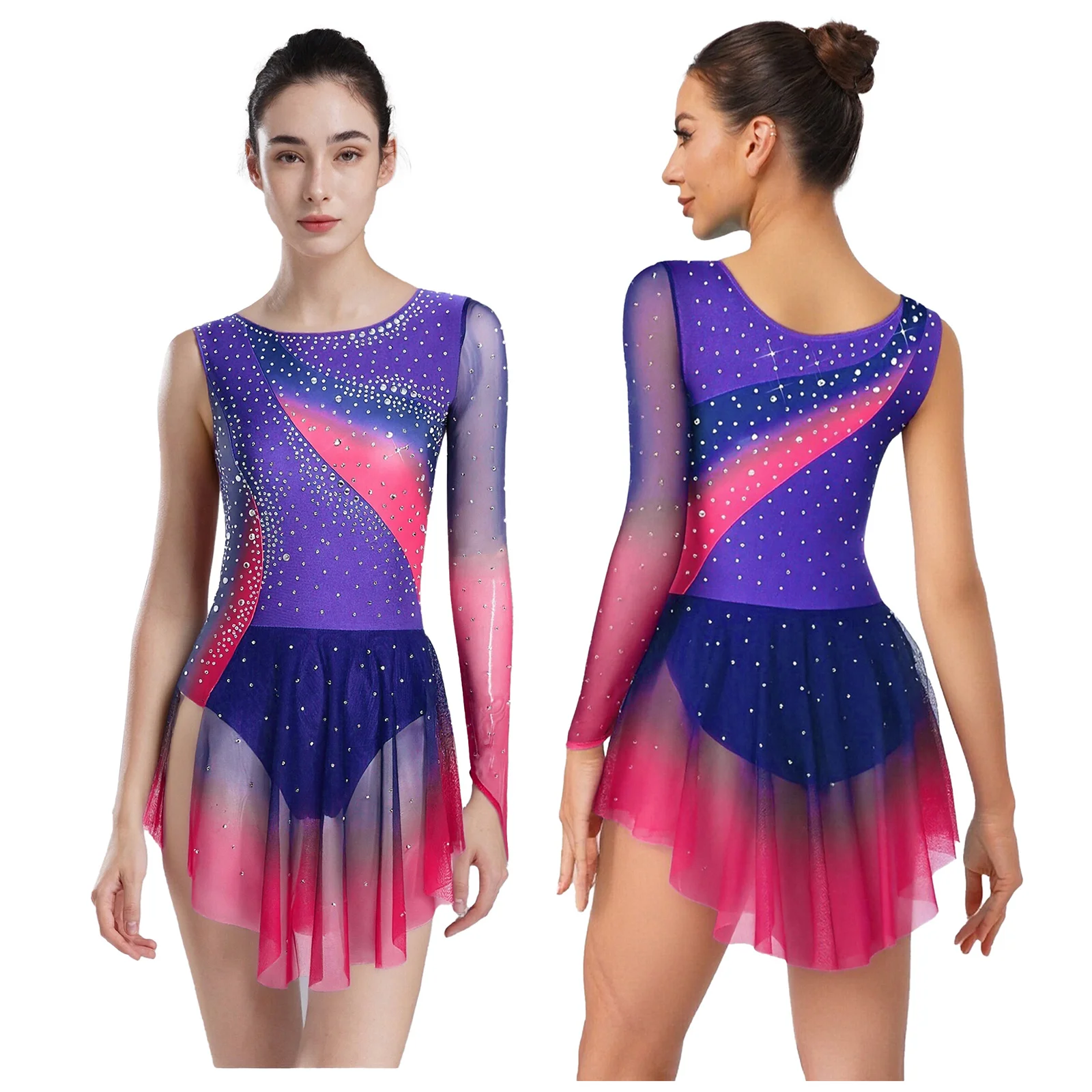

Women Rhinestones Rhythmic Figure Skating Acrobatics Stage Dance Competition Dress Long Sleeve Sheer Mesh Ballet Dance Costume