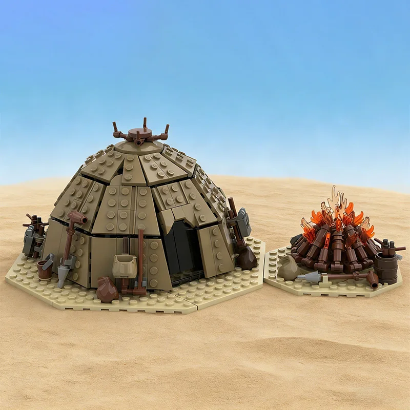 

Набор из 560 деталей MOC: Палатка Тускен-рейдеров Уртыа, костер, домик, средневековое деревенское поселение викингов, модель, строительные блоки, кирпичики, игрушка, подарок для детей