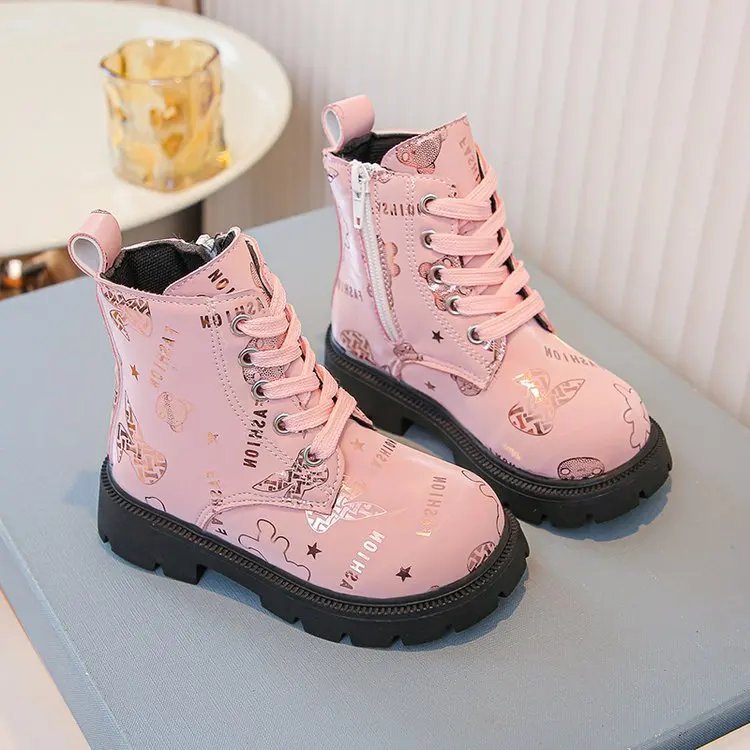 Autumn/Winter ZIP Fashion Sweet Heart Baby Girls Pink Warm Square Heel Casual Comfortable Cute Boots Size21-30 Toddler Shoes