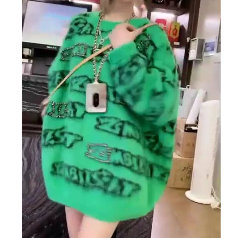 المرأة الكورية رسالة حجر الراين الشارع الشهير Y2K كبيرة الحجم شيك محبوك سترة الخريف الشتاء س الرقبة طويلة الأكمام البلوز تونك القمم