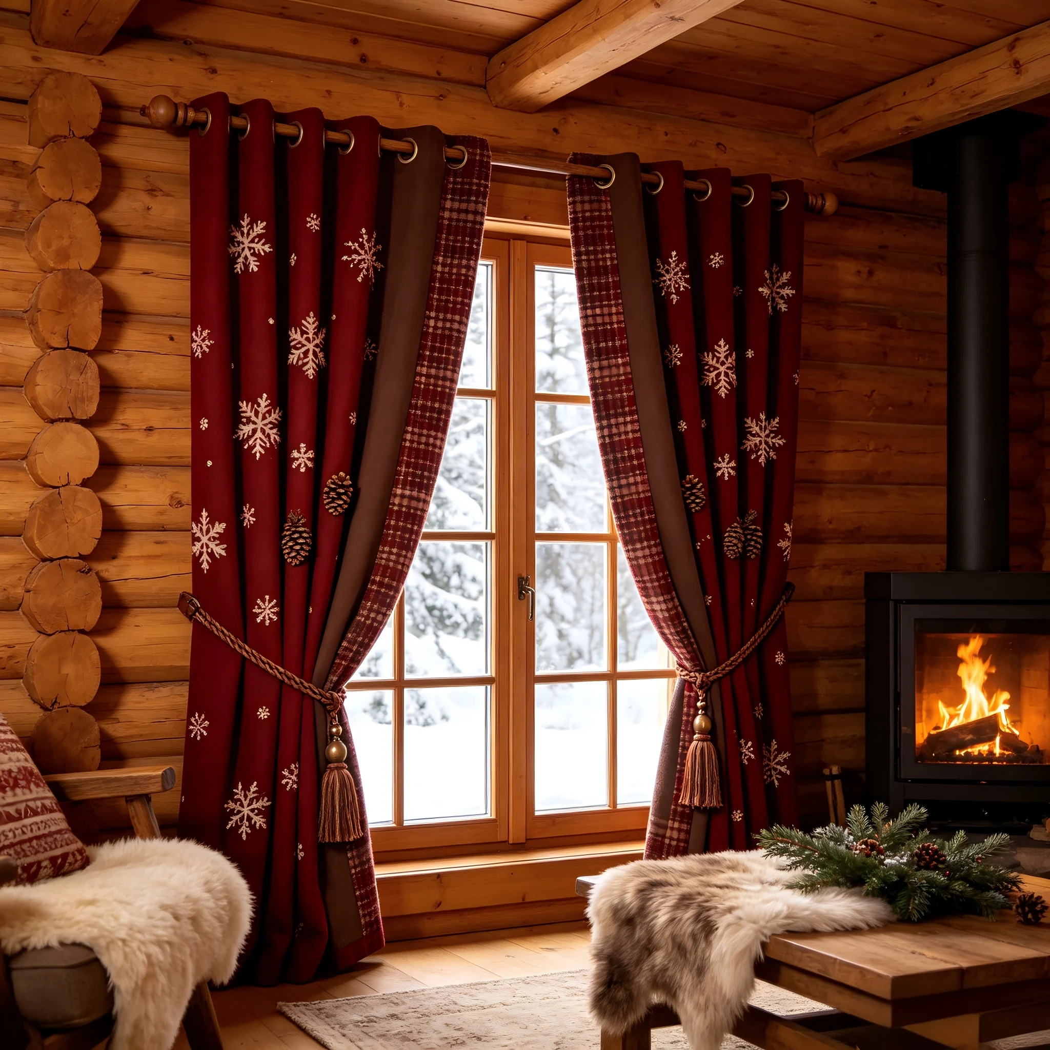 200329   Winter wooden living room: wine red thick wool blend with dark brown lining curtains, snowflake pine cone plaid curtain