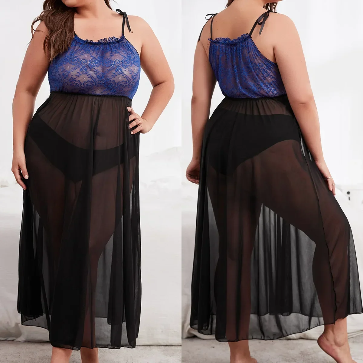 

369bibi Plus Size Sexy Lace & Mesh Long Slip Dress - Sheer Alluring No-Remove Design, Hot Seductive Erotic Lingerie