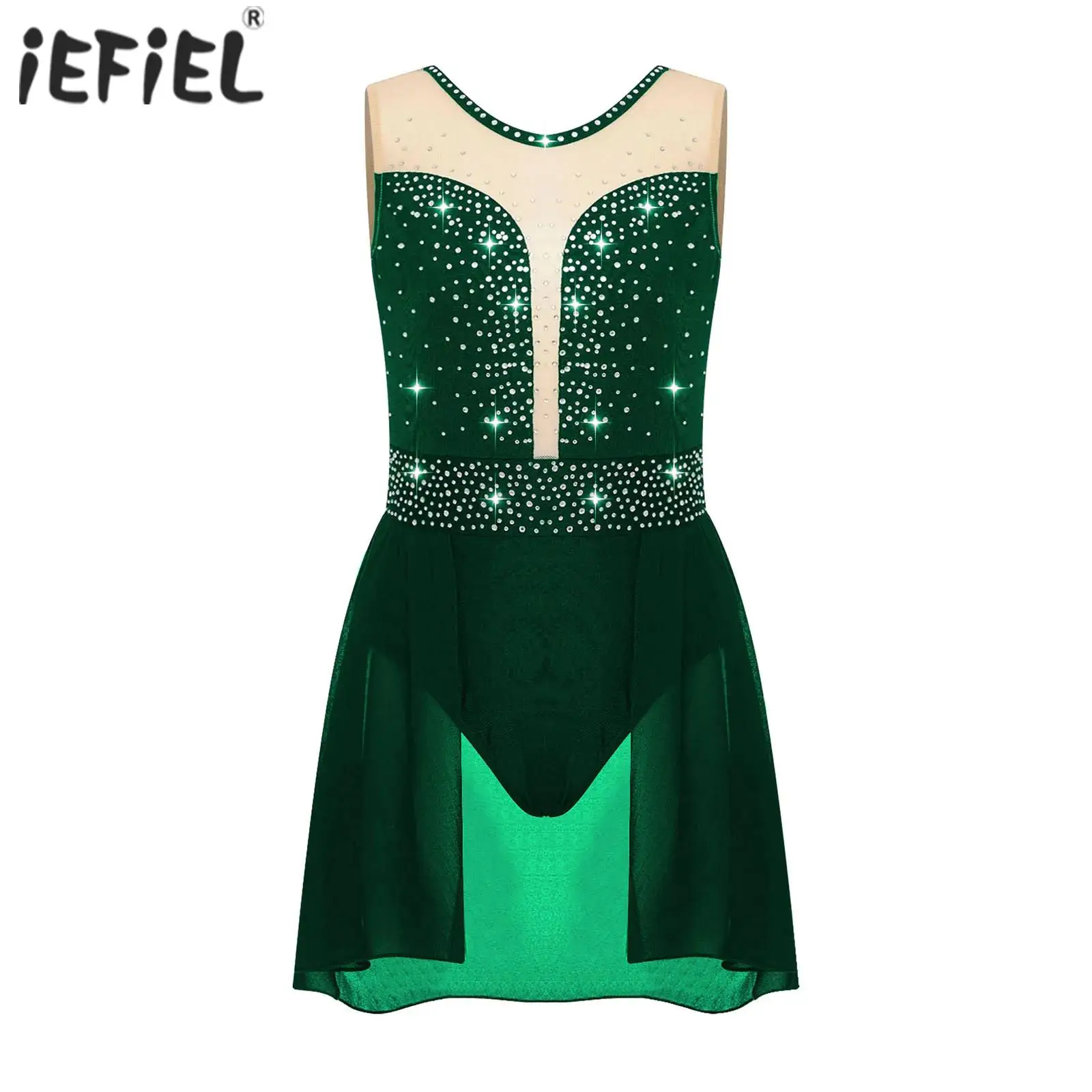 Kids Girls Lyrical Dance Dress Sleeveless Rhinestone Ballet Gymnastics Workout Leotard Figure Skating Dance Stage Performance