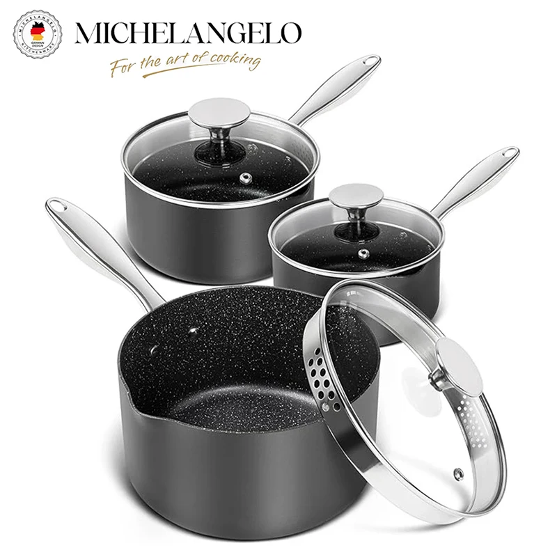 

MICHELANGELO 3Pcs Saucepan Set with Lids Hard Anodized Milk Pot Nonstick Saucepan with Pour Spouts Pasta Cooking Pots Induction