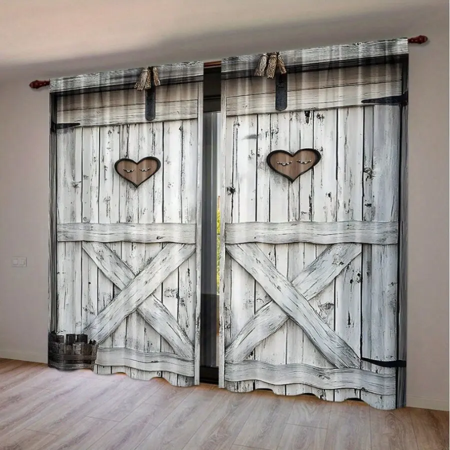 2pcs Rustic Barn Door Curtain Wood Heart Print Window Drape Farmhouse Bedroom Living Room Home Decor Blackout Thermal