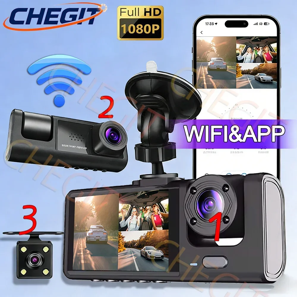 

3-камера WIFI 1080P видеорегистратор для автомобилей, двойная передняя и внутренняя, автомобильная камера с ИК-ночным видением, широкоугольный, автомобильный видеорегистратор с циклической записью