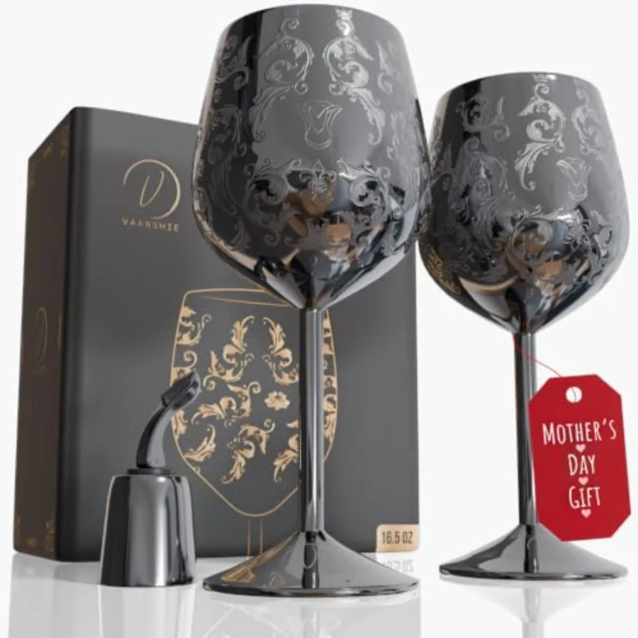 

Mother's Day Gift for Mom Set of 2 glossy Stainl Steel Wine Glasses, 17oz Engraved Goblets with Bottle Stopper, Unbreakable Ele