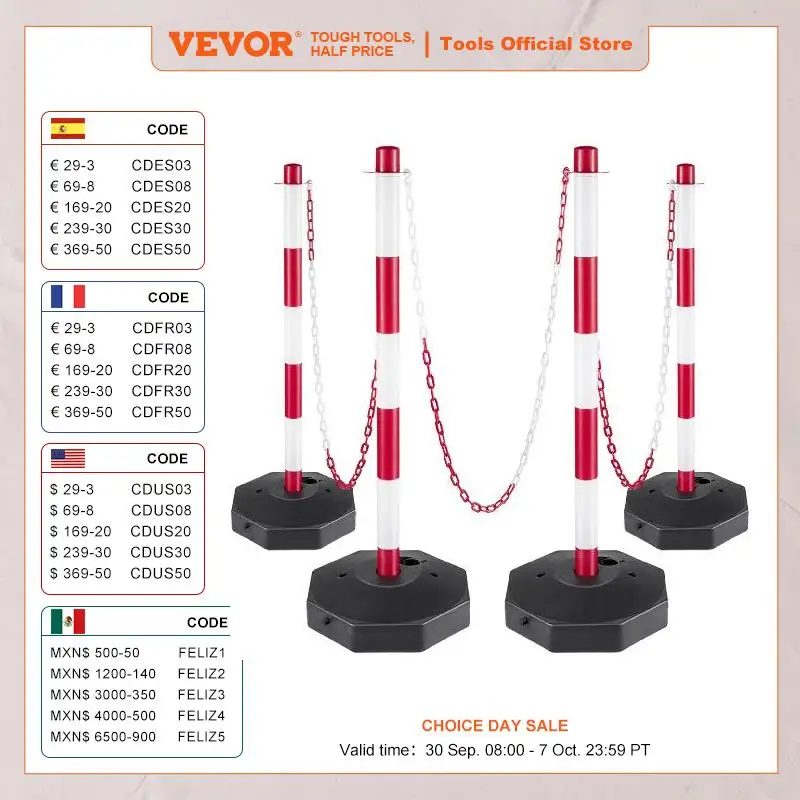 VEVOR 4 Pcs Poteau de Signalisation Poteaux de Circulation Délimitation 84 cm Hauteur avec 1,4 m/10 m Chaîne pour Parking Allée