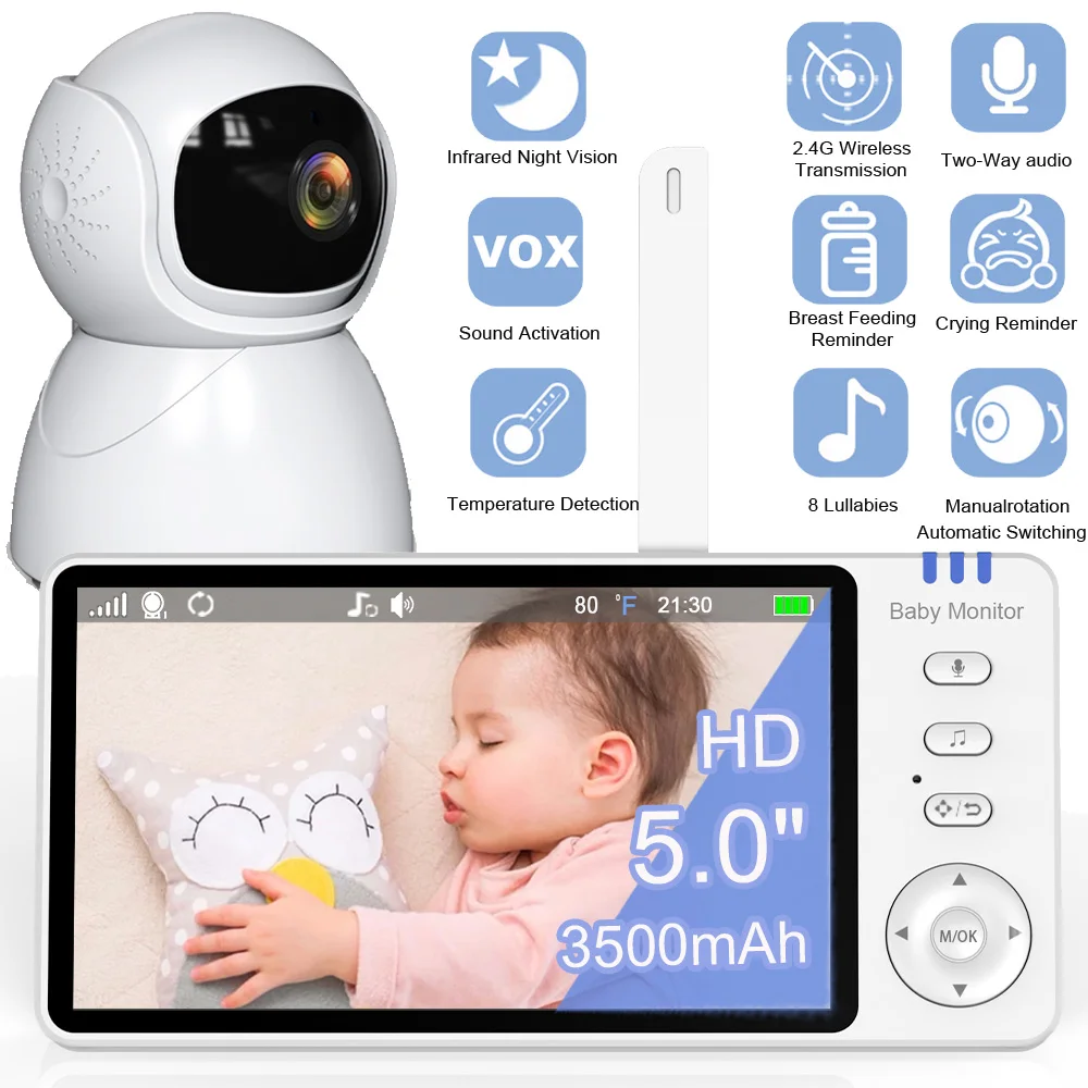 5.0'' Color Baby Monitor 3500mAh 2.4G Mother Kids Two-way Audio Night Vision Video Temperature High Resolution Bebe Nanny Camera