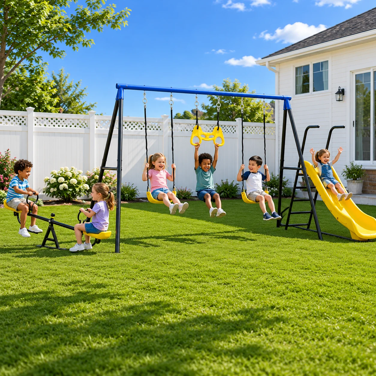 

Durable Kids Swing Slide Combination, Easy Assembly Hanging Chair Climber, All Weather Outdoor Backyard Play Equipment