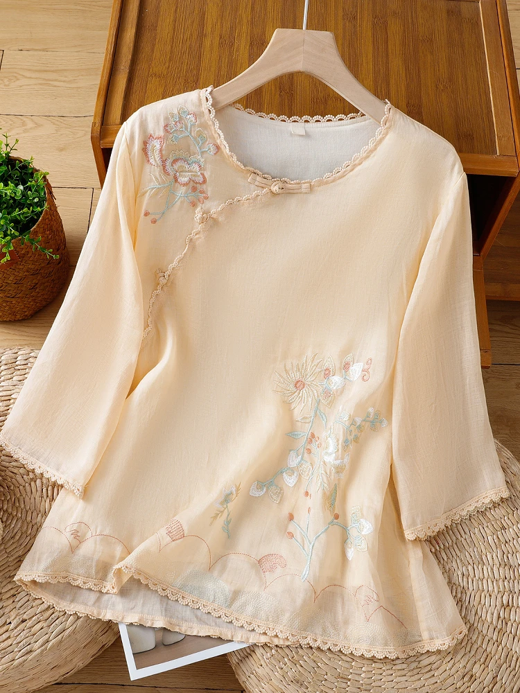 

New Chinese Sle Heavyweight National Trend Embroidered Button Flax irt Women Summer Thin Seven Sve Linen Small Top