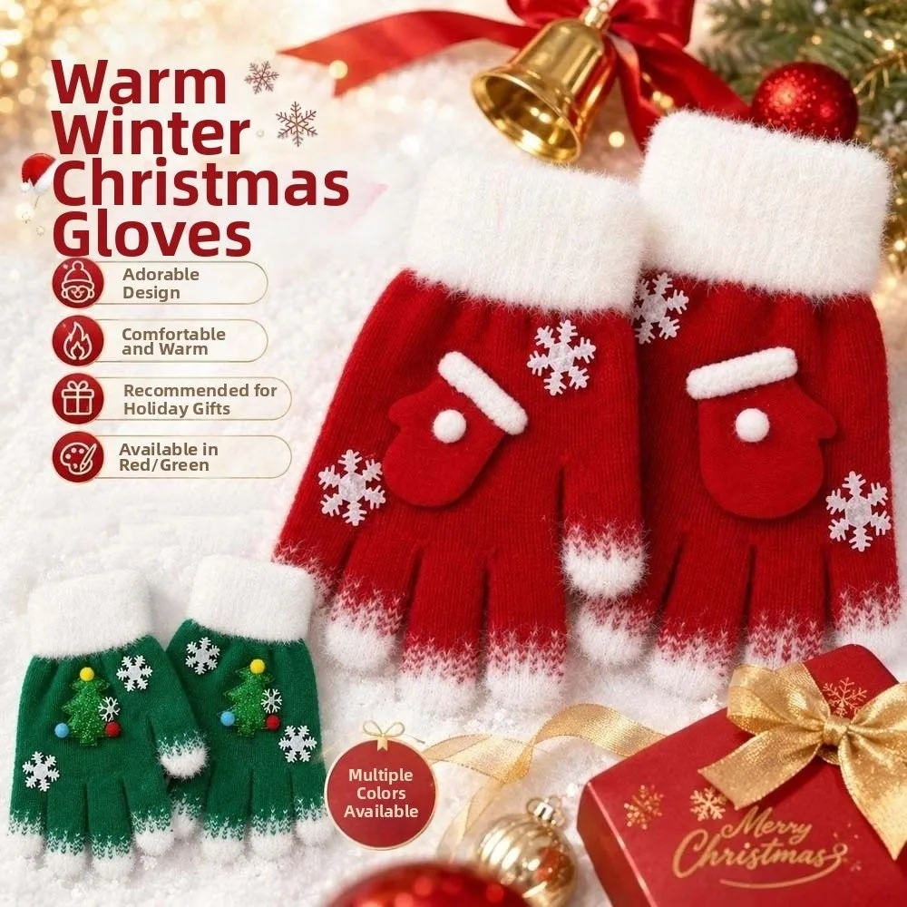 Red Green Christmas Gloves Cuff Elastic Wrist Winter Knit Mittens Thick Lining Knitted Woolen Full Finger Gloves Teens