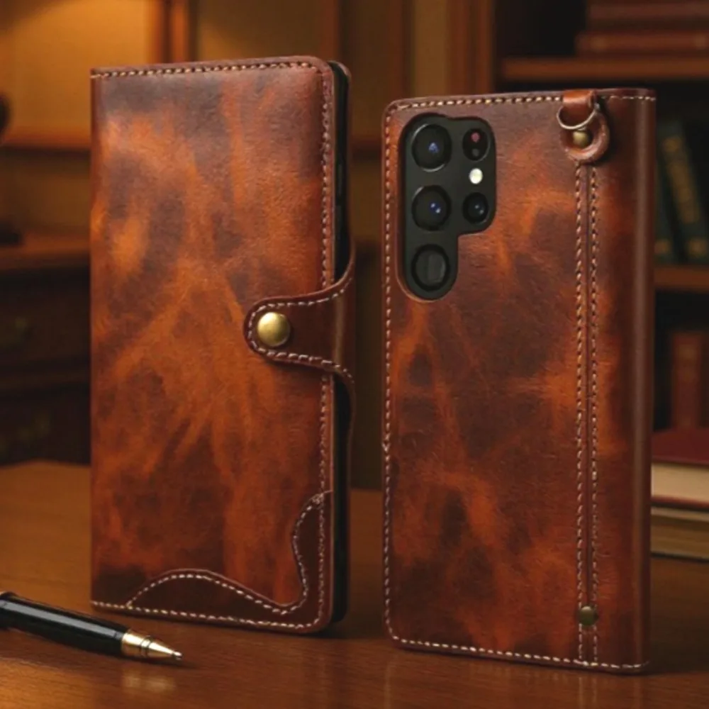 

Retro Genuine Leather Case for Samsung Galaxy S26 Ultra S26+ S20 S10 Note 10 Plus Business Purse Cover with Lanyard Card Pocket