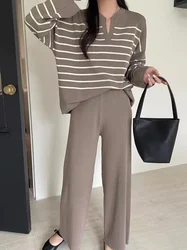 Women Sweater Pant Set Winter Knitted  Casual Pullovers Suits Long Sleeve AutumnLoose Tops Elastic Striped Elegance Sweaterpants