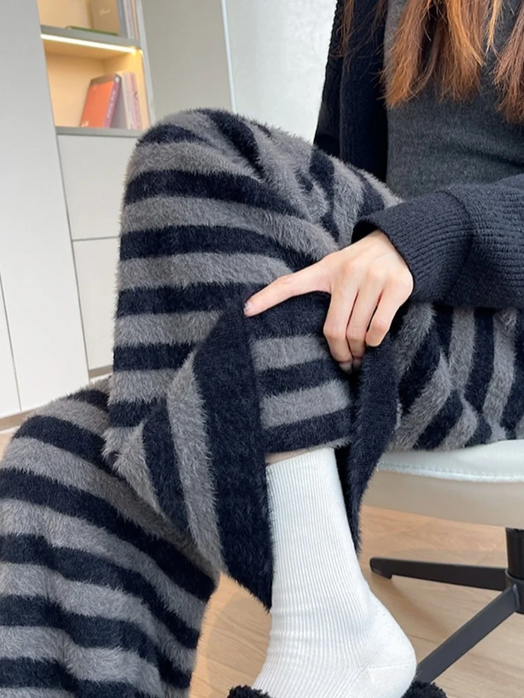 하이웨이스트 와이드 레그 팬츠 여성 니트 밍크 벨벳 드레이피 겨울 출퇴근 캐주얼 스트레이트 레그 바지