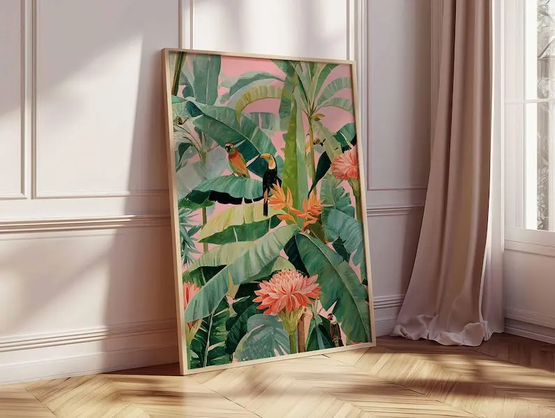 1 pôster retrô tropical em tela, sem moldura, estampa botânica da natureza, folhas de selva, arte de parede para decoração de sala de estar e quarto