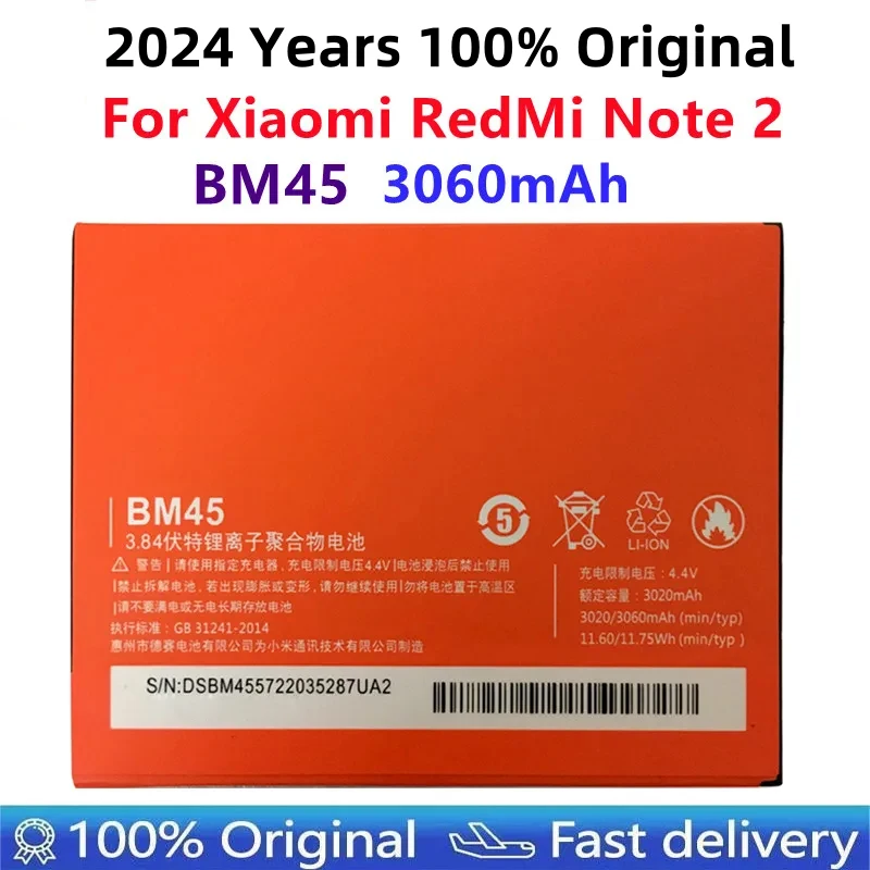 Original Li-ion Battery BM45 For Xiaomi RedMi Note 2 Bateria Hongmi Red Rice Note2 3020mAh Replacement Batteries