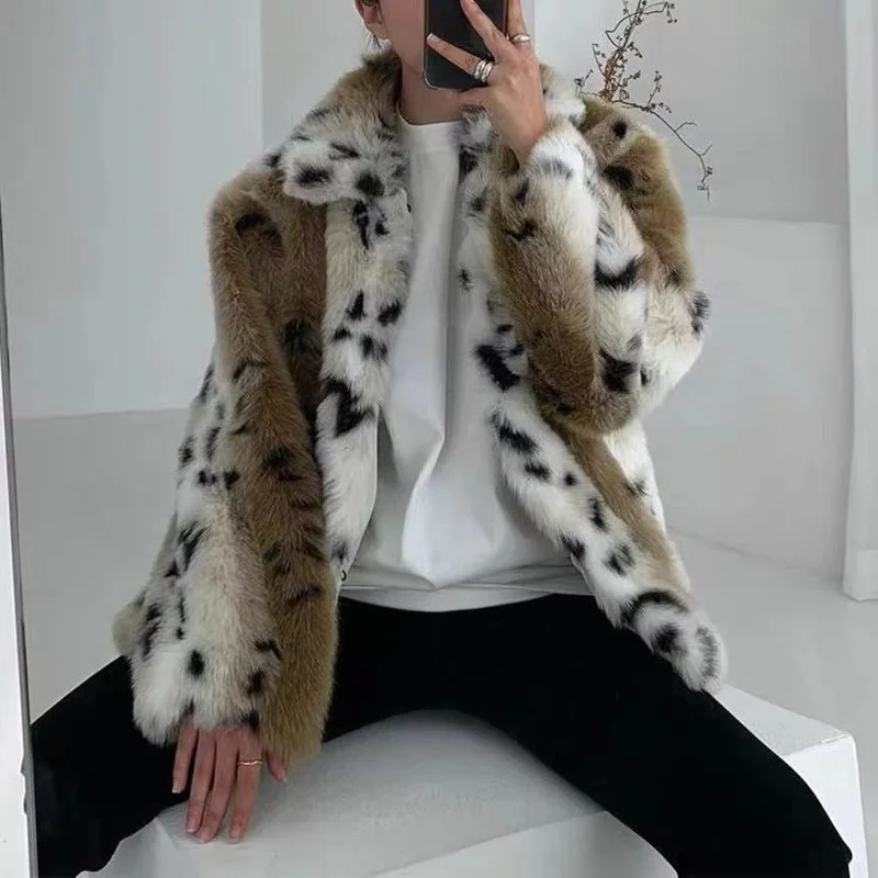 Chic Faux Fox Fur Leopard Furry Jacket Thick Spliced Imitation Mink Fur Dots Printed Coat Cardigan Bomber Parka  Tops Abrigos