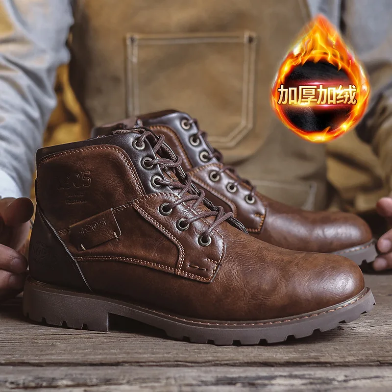 

Men's leather shoes, retro British-style leather boots, fashionable high-top warm outdoor workwear style boots