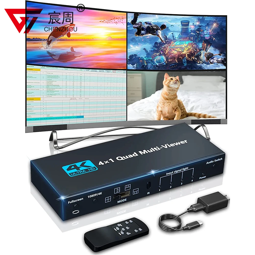 HDMI Multiviewer 4K 4X1 HDMI quad viewer 4 in 1 HDMI Multi-viewer seamless hdmi switcher Switch with Remote conttrol and scaler